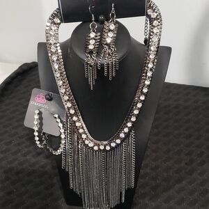 Paparazzi Silver and Black Fringe Necklace Set
